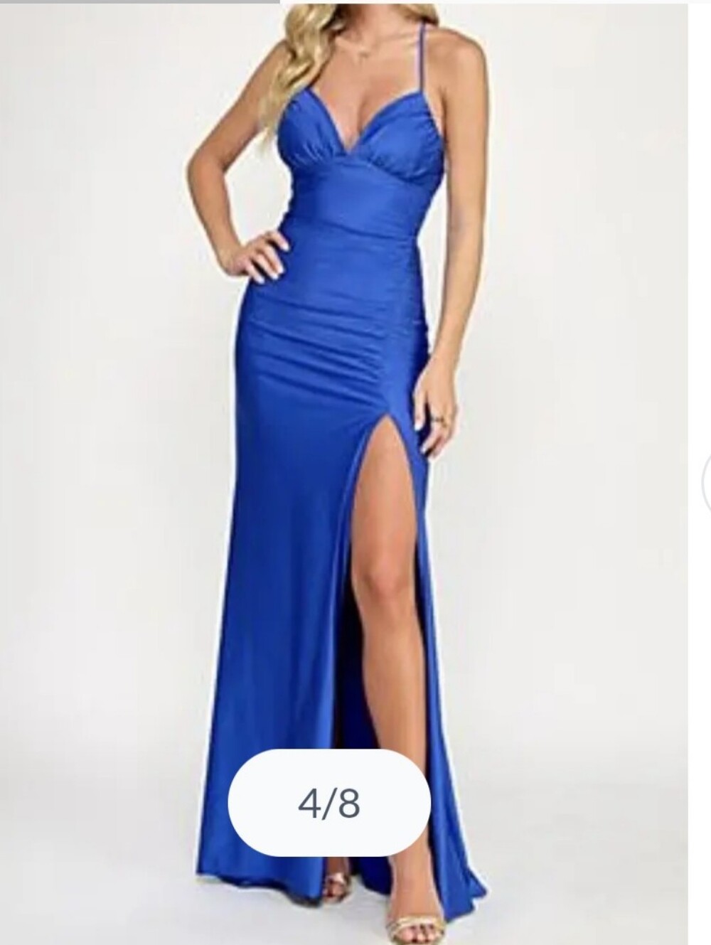 Katia Rae NWT XS Royal Blue Satin Maxi Gown Ruched Strappy Formal Evening $129